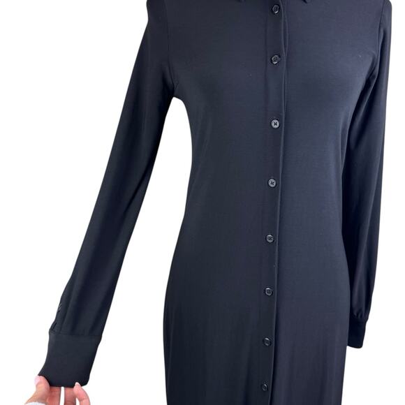 Norma Kamali Black Jersey Ponte Knit Long Sleeve Button Up Collared Shirt Dress - Picture 4 of 12